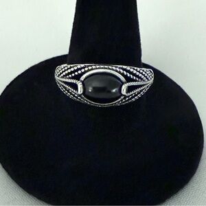 Sterling Silver 925 Black Agate Oval Gemstone Open Inlay Ring